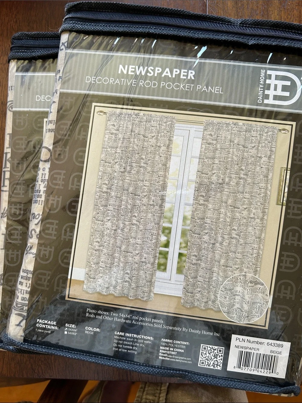 Text-Print Rod Pocket Curtain Panel Set in Beige/Gray ; each panel 54” x 84”